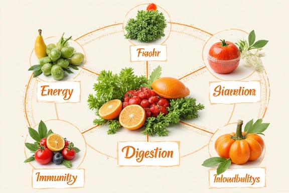 Immagine concettuale che mostra vari aspetti della salute (energia, digestione, immunità) collegati da un elemento centrale di cibo sano.
