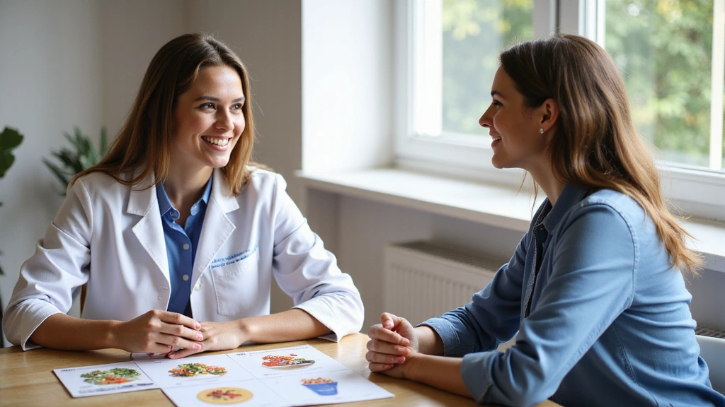 Un tavolo con una nutrizionista che spiega un piano alimentare a un cliente, mostrando interazione e supporto